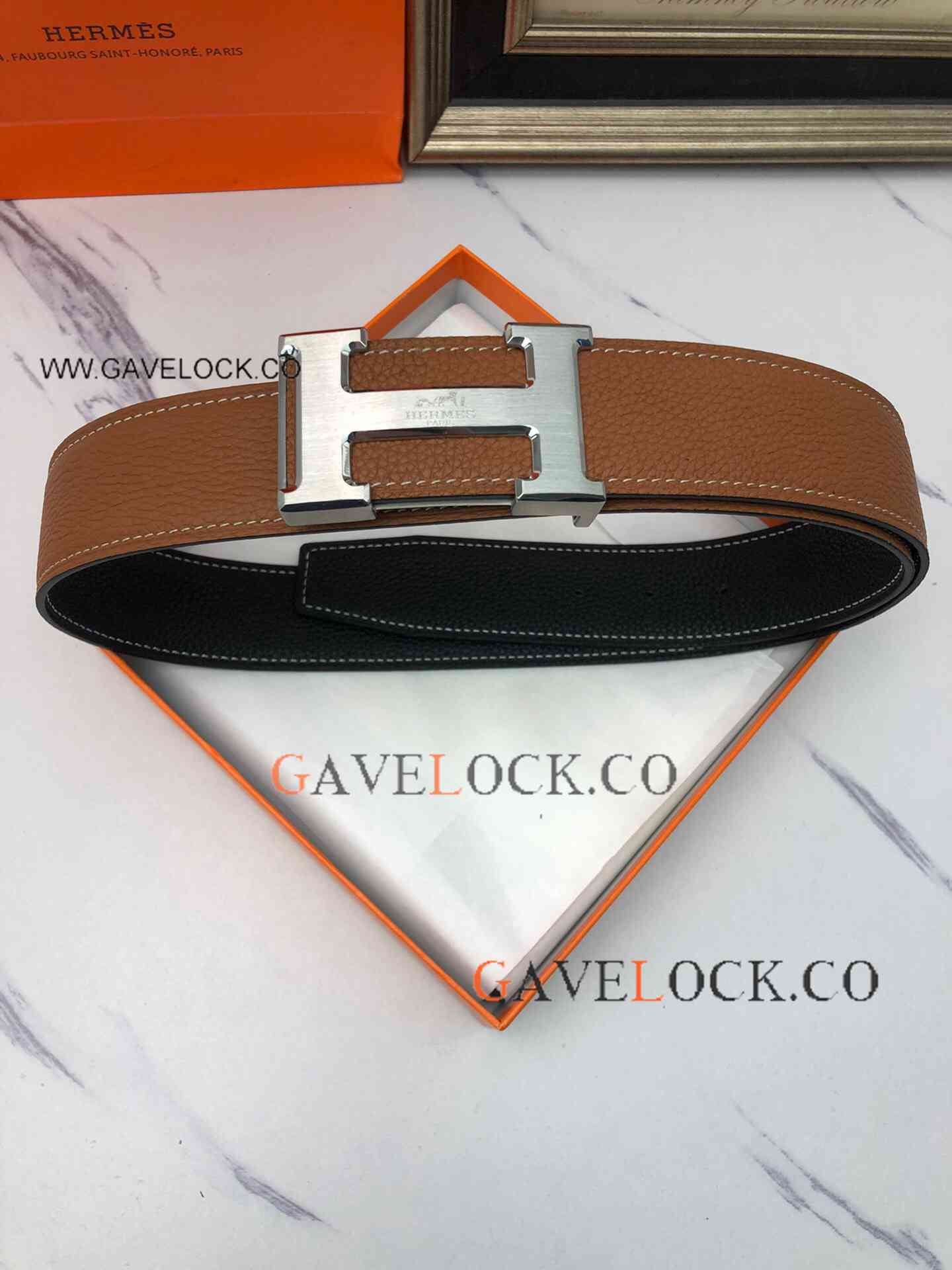 Clone Hermes Brown-Black Reversible Leather Belt Buckle 38 mm